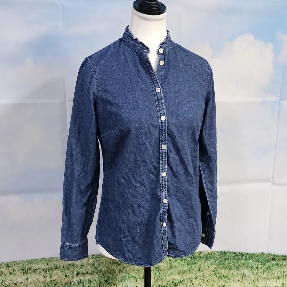 J. CREW | 100% COTTON DENIM RUFFLE NECK BUTTON DOWN BOYFRIEND SHIRT